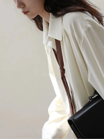 Autumn Minimalist Long Sleeve Button Up Shirt Korean Style Tie Oversize Shirts Blouse Loose Clothes Autumn Tops