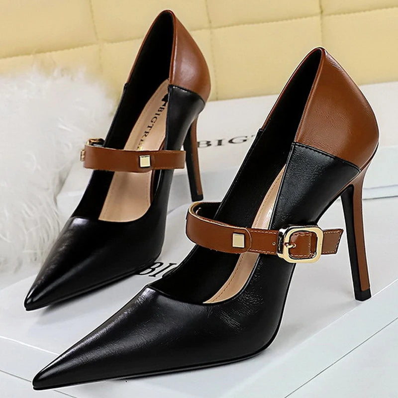 Retro Pumps Mixed Colors High Heels Stilettos Pu Leather Shoes Metal Buckle Heels Office Shoes Large Size 43