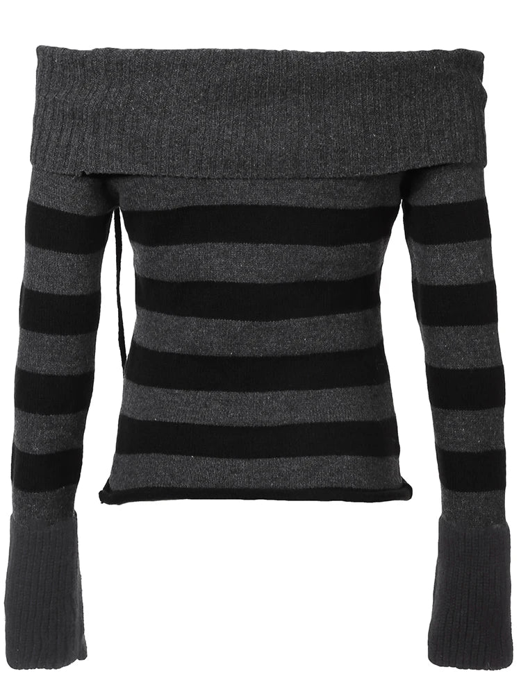 Off Shoulder Slim Knitted Stripe Jumper Lace-up Slash Neck Long Sleeve Sweater Tee Korean Street Knittwear