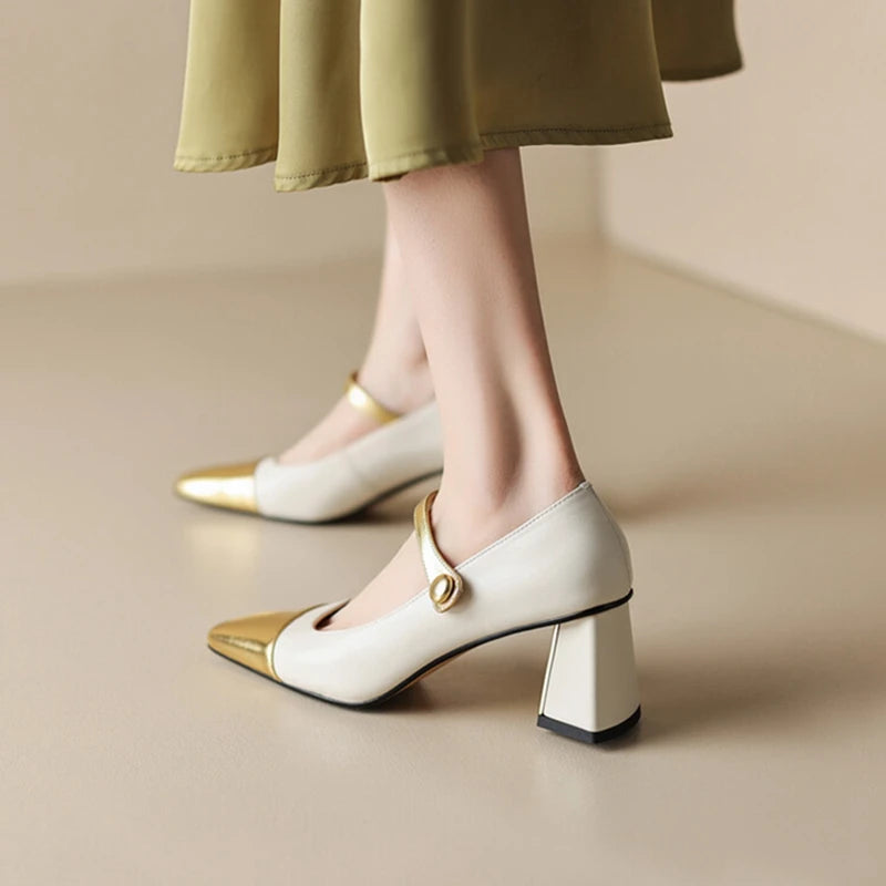 Spring/autumn Pumps Split Leather Shoes for Square Toe Chunky Heel High Heels Elegent Mixed Colors Mary Janes Shoes