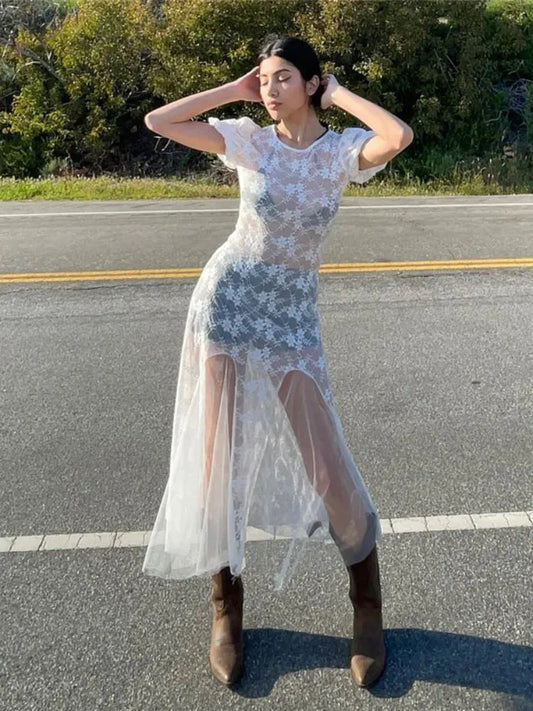 Y2k Fairycore See Through Lace Mesh White Dress Summer Retro Puffy Short Sleeve Long Dresses Coquette