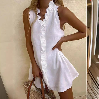 Cotton Linen Ruffle Sleeveless Mini Dress