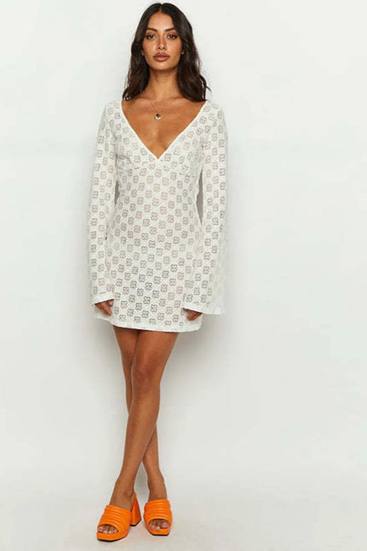 White Printed Low-cut Back Mini Dress