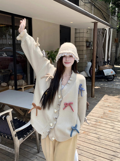 Korean Gentle and Sweet 3d Bow Love Buckle Thick Sweater Clothing Autumn Loose Knitted Cardigan Tops