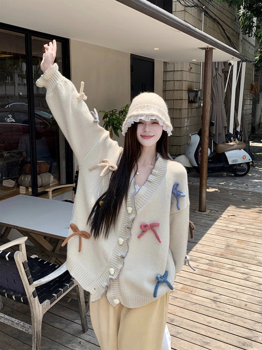 Korean Gentle and Sweet 3d Bow Love Buckle Thick Sweater Clothing Autumn Loose Knitted Cardigan Tops