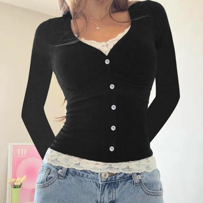 Y2k Contrast Lace Slim Top Autumn Long Sleeve Buttons T-shirt Knitted Outfits Sweet Korean Tee