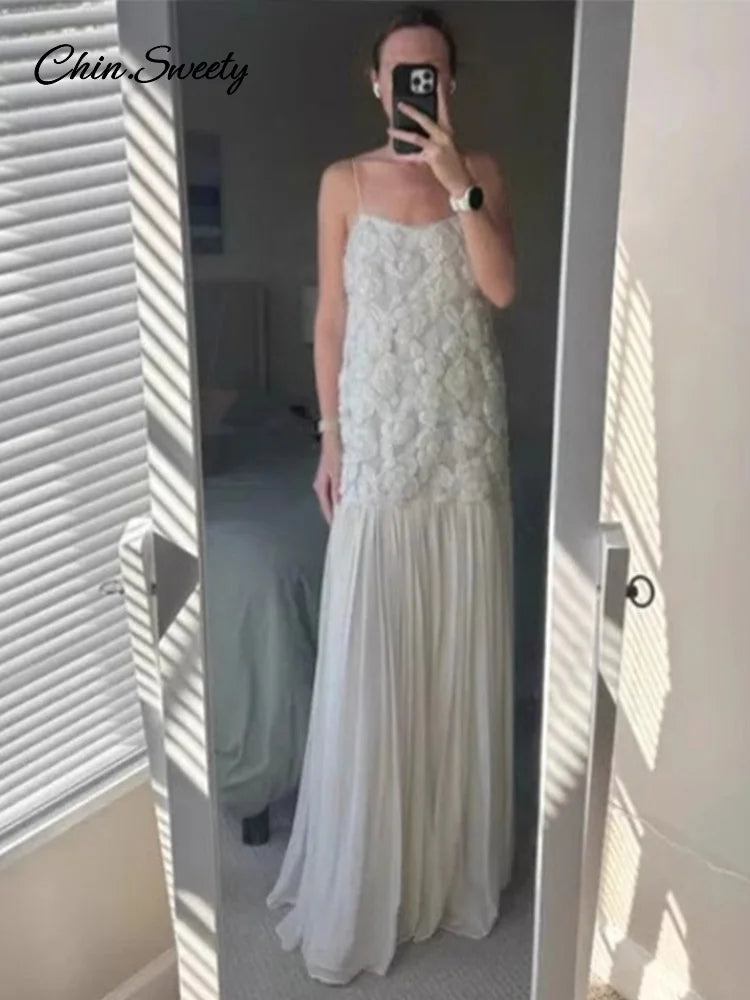3d White Long Dress Patchwork Backless Pleated Party Evening Dresses Female Summer Lady A-line Robes