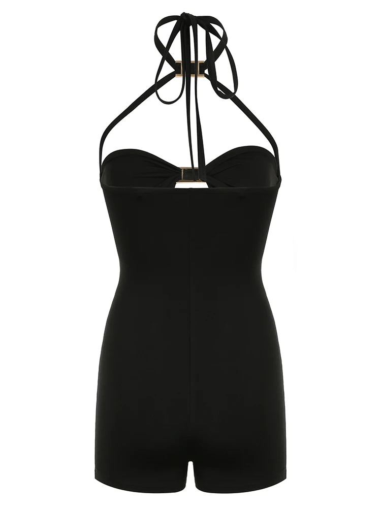 Hollow Out Skinny Tie Halter Rompers Sleeveless Rave Summer Vacation Baddie Playsuits