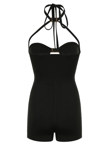 Hollow Out Skinny Tie Halter Rompers Sleeveless Rave Summer Vacation Baddie Playsuits