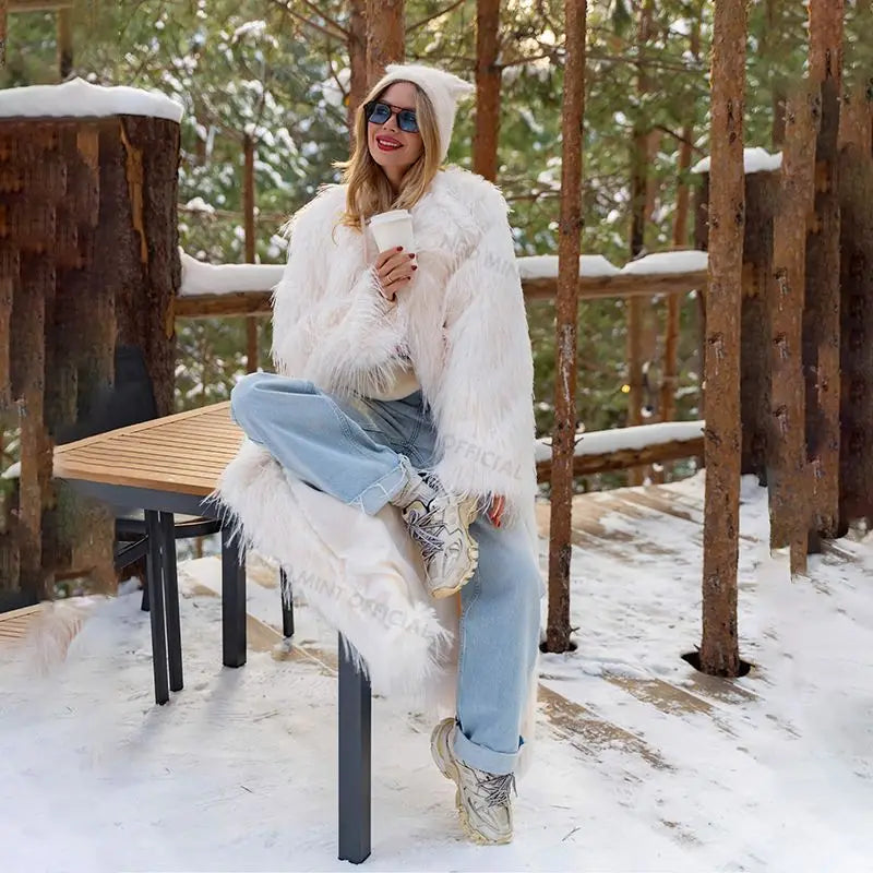 Long Eco Turkey Fur Coat Winter Tassels Faux Fur Jacket Thick Warm Fluffy Outerwear Overcoat