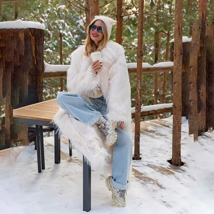 Long Eco Turkey Fur Coat Winter Tassels Faux Fur Jacket Thick Warm Fluffy Outerwear Overcoat