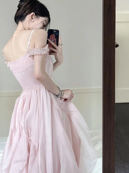 Summer Sweet Pink Fairy Chiffon Midi Dress Korean Onepiece Aline Vestidos Female Clothing Mujers