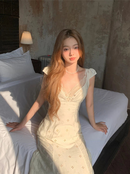 French Retro Midi Dress Even Party 2000s Clothing Vneck Y2k Dress Korean Sleeveless Summer