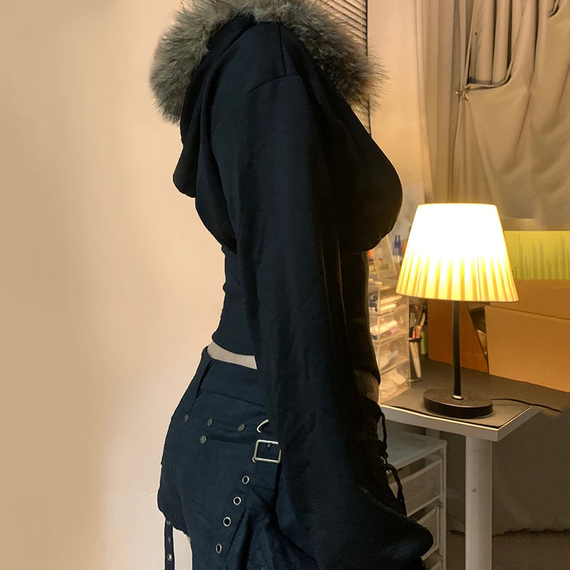 Y2k Fur Trim Hoodie Cardigan Basic Black Slim Cropped Jacket 90s Winter Zipper Coat Harajuku