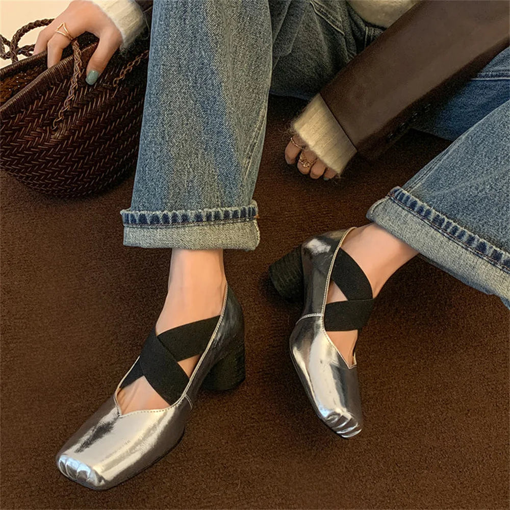 Mary Jane Shoes for Retro Medium Heeled Single Shoes Soft Genuine Leather Ballet Shoes
