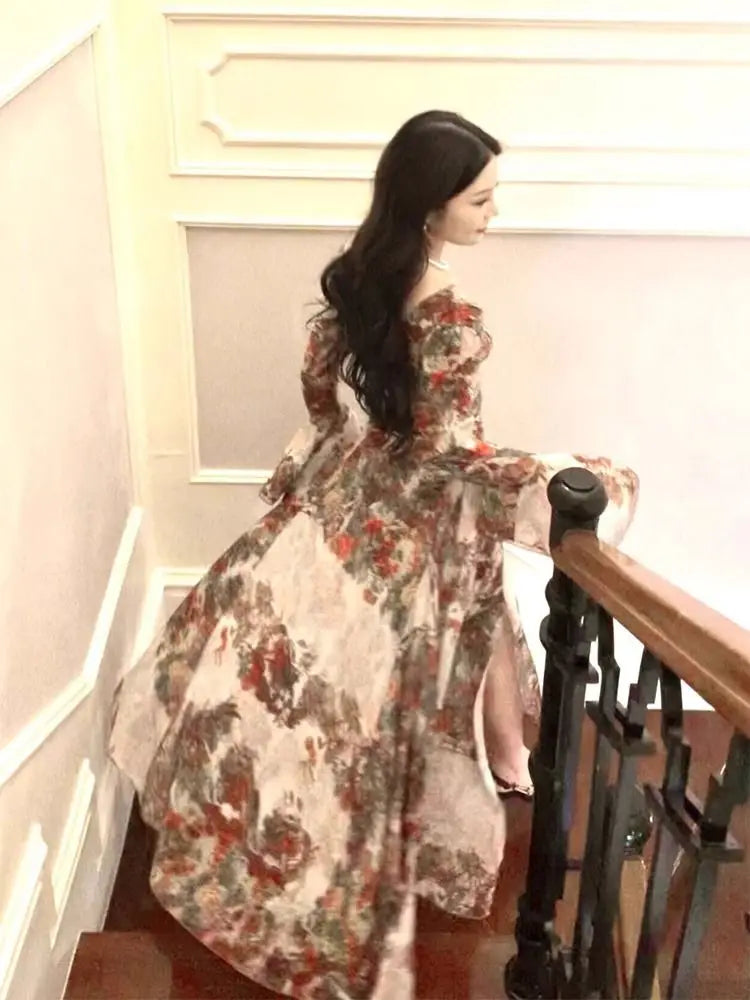French Flower Print Midi Dress Female Retro Slim Design Long Sleeve Clothing Evening Party Dress Y2k Korean Summer