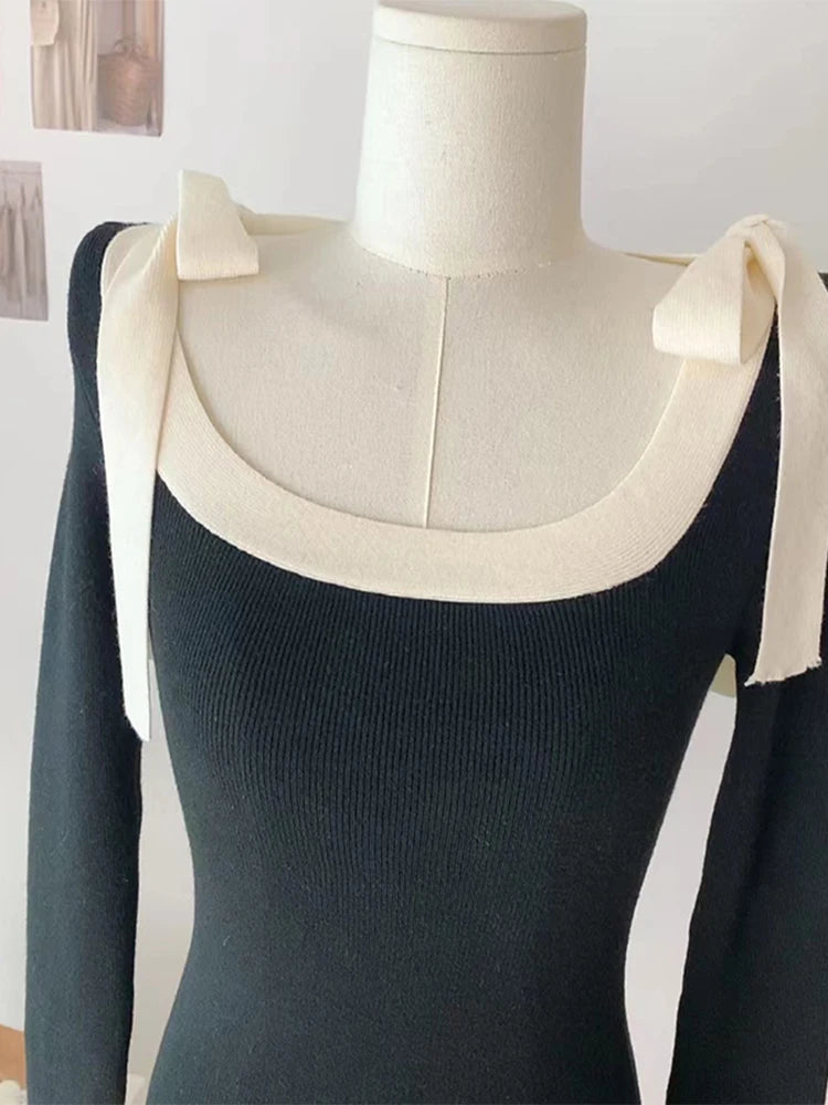 Tie Up Bow Decoration Slim Knitwear Autumn Winter Contrast Color Design Knitwear Female Uneck Sweater Style