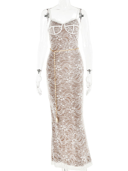 Lace Print Double Layer Dress for Bodycon Backless Metal Heart Pendant Maxi Dress Party Club Evening Dress