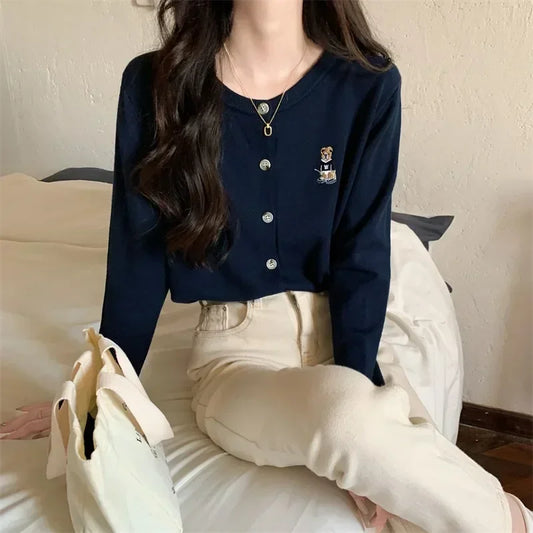 Spring Autumn ’s Knitted Cardigan Korean Single Breasted Long Sleeve Jumper Woman Round Neck Cardigans Outwear