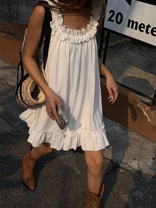 Sleeveless Ruffles Mini Dress White Beach Sundress Girl Home Dresses Loose Summer Dress Oversized