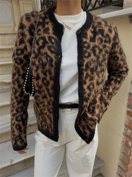 Female Leopard Cardigan Sweater Printed Contrast Loose Long Sleeve Commute Cropped Coat ’s Autumn Cardigan