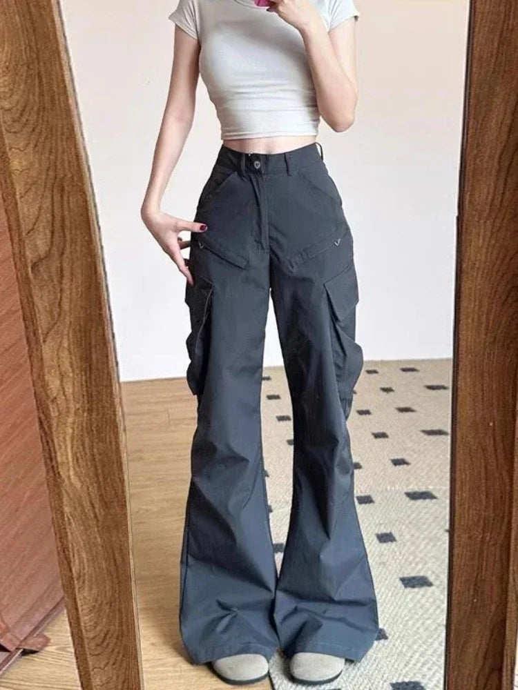 Grey Flare Cargo Sweatpants Y2k Harajuku Baggy Zipper Korean Style Wide Leg Pants Trousers