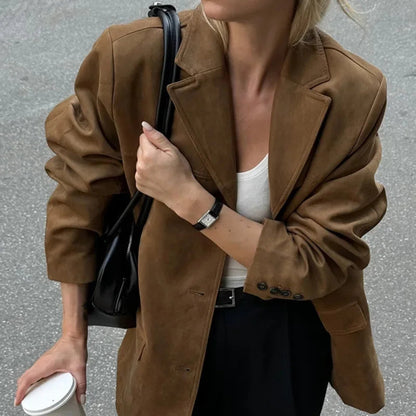 Lapel Pocket Suede Leather Jacket Loose Single Button Oversize Brown Coats Female Street Clothes