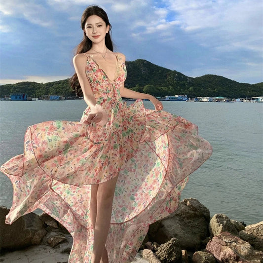 Sweet Hot Girl Pink Dress Spring/summer Holiday Backless Halter Aline Long Dress Female Clothes