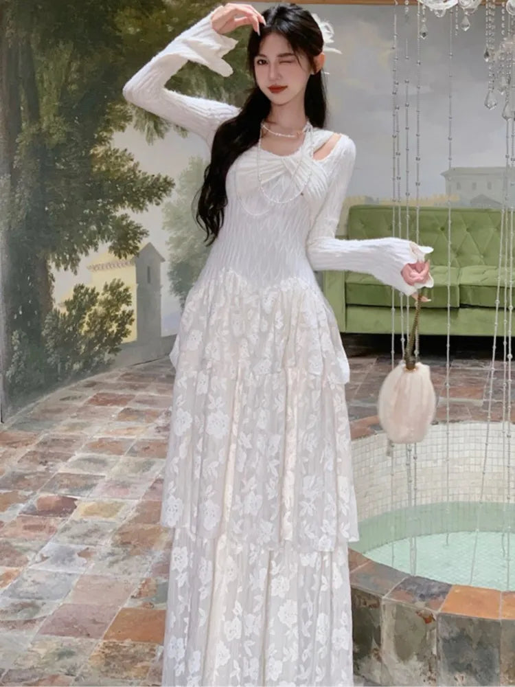 Fairy Dresses Knitted Patchwork Flare Sleeves Princess Cake Long Dress Autumn Party Prom Aline Vestidos Robe New