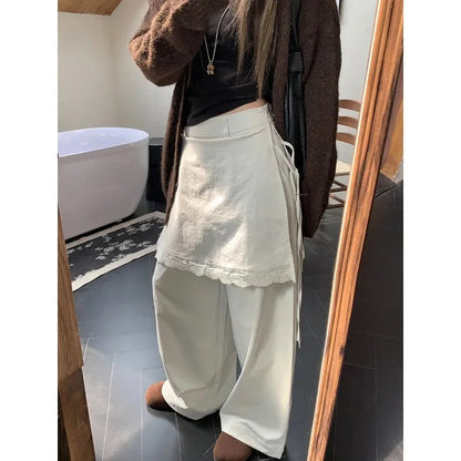 High Waist Laceup Color Wide Leg Pants Autumn New Fake Twopiece Lace Stitching Loose Pants