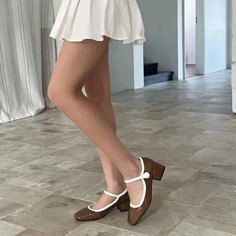 Sweet French Thick Heel Single Shoes New Round Head Light Mouth Patent Leather High Heels