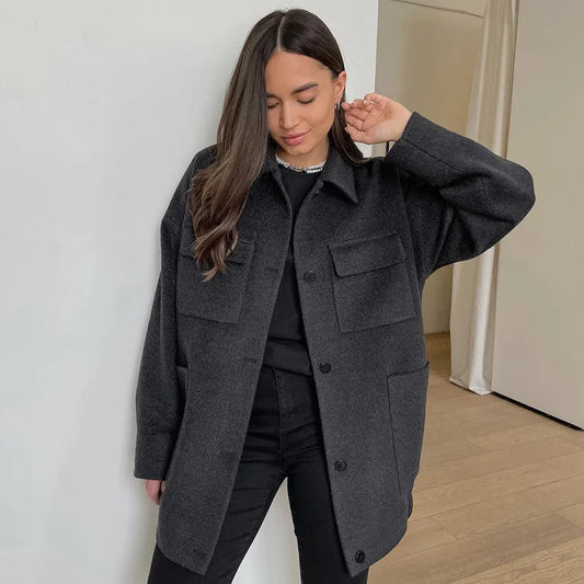 Autumn Winter Warm Woolen Jackets for Basical Big Pockets Long Sleeve Coats Outwear Clothes