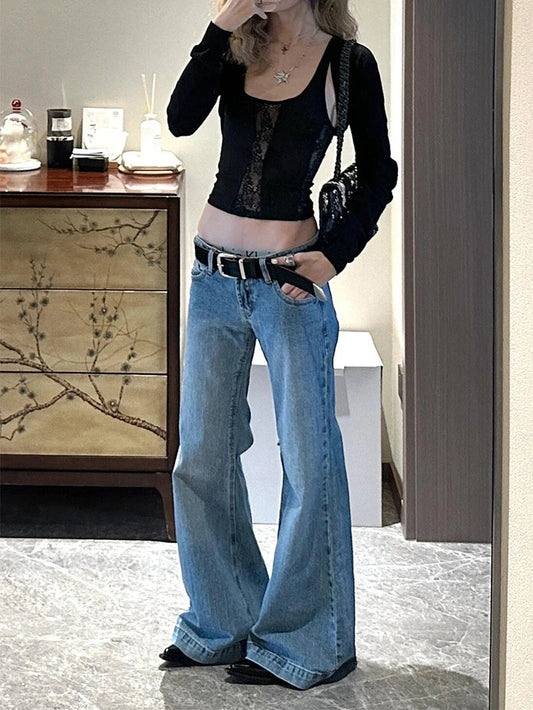 Blue Jeans High Waist Straight Summer Y2k Denim Pants American Baggy Wide Leg Denim Trouser