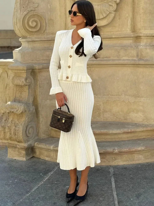 Ruffle Slim Knitted Dress ’s V Neck Long Sleeve Mermaid Long Dresses Elastic Button Patchwork Party Dress
