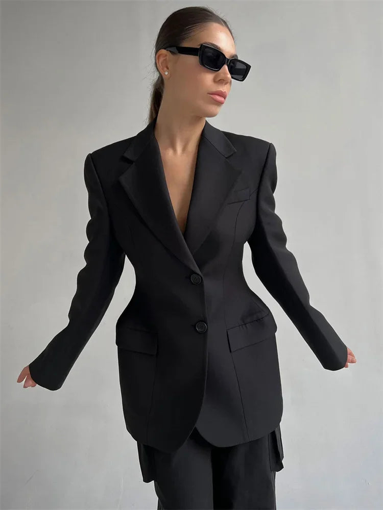 Black Lapel Suit Outwear for Pocket Long Sleeve Commute Patchwork Coat Female High Waist Autumn Blazers
