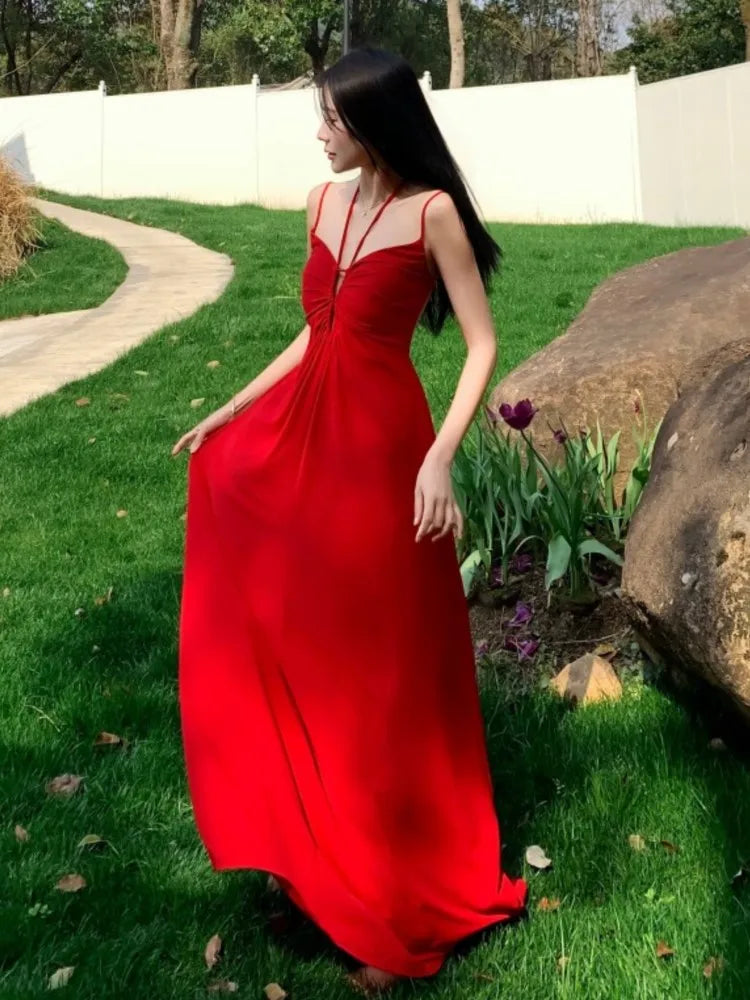 Backless Long Dresses Spaghetti Strap Halter Laceup Wedding Evening Party Dress French Style Aline Vestidos