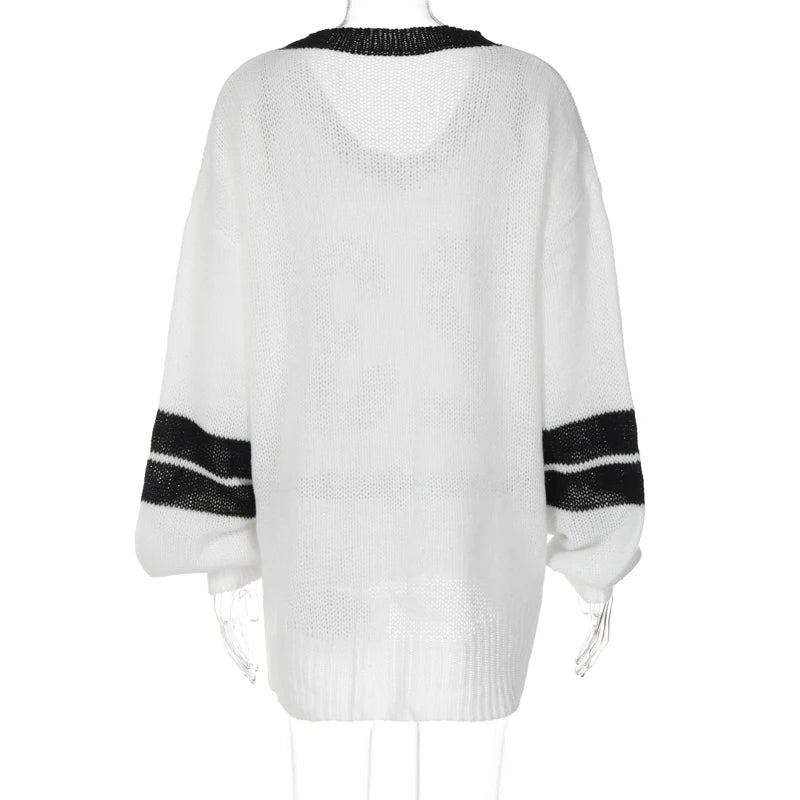 American Preppy Sweaters Pull Femme Vneck Long Hollow Out Knitwear Autumn New Loose Slim Y2k Clothes