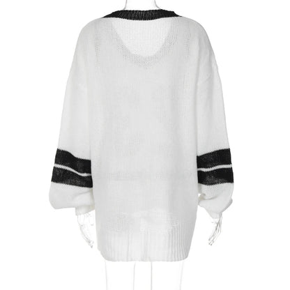 American Preppy Sweaters Pull Femme Vneck Long Hollow Out Knitwear Autumn New Loose Slim Y2k Clothes