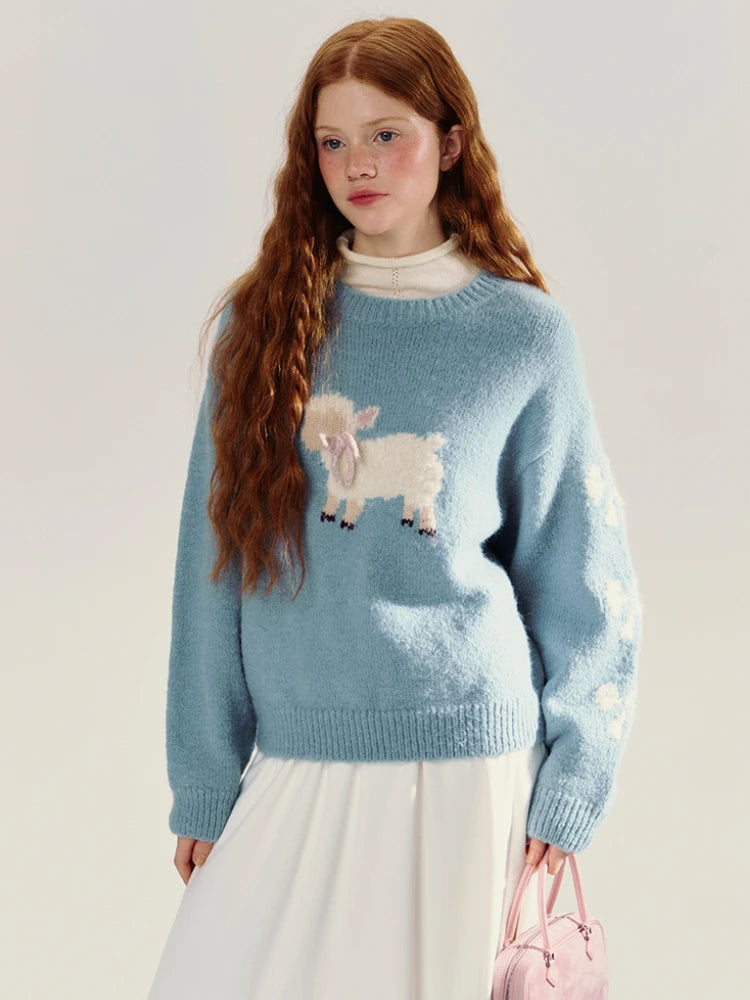 Blue Sheep Pattern Ribbed Sweater Bow Graphic Long Sleeve Knitwear Oversized Korean Winter Cutecore Pullovers