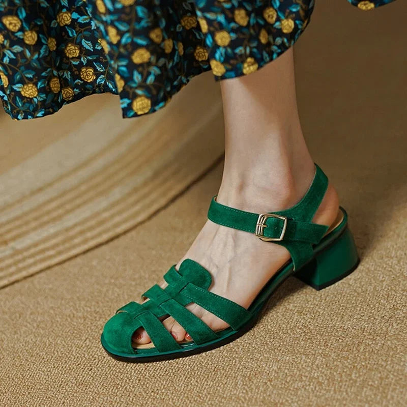 New Summer Sandals Sheep Suede Leather Shoes for Round Toe Chunky Heel Shoes Cover Toe Sandals Gladiator Shoes