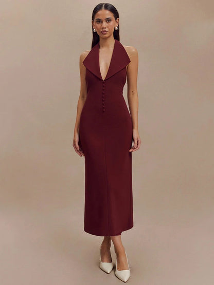 Halter Deep V Neck Sleeveless Maxi Dress for Backless Bodycon Tank Dress Femme Long Dress