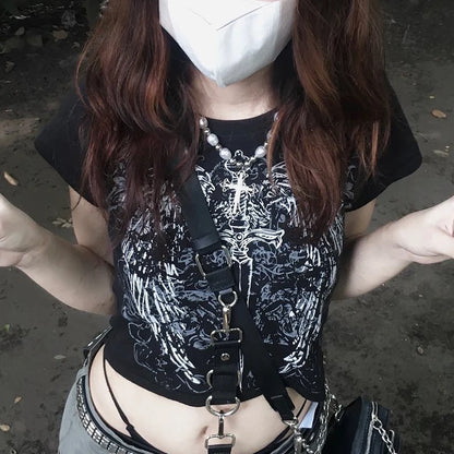 90s Harajuku Printed T-shirt Short Sleeved Tight Top ’s Y2k Street Wear Exposed Navel Top