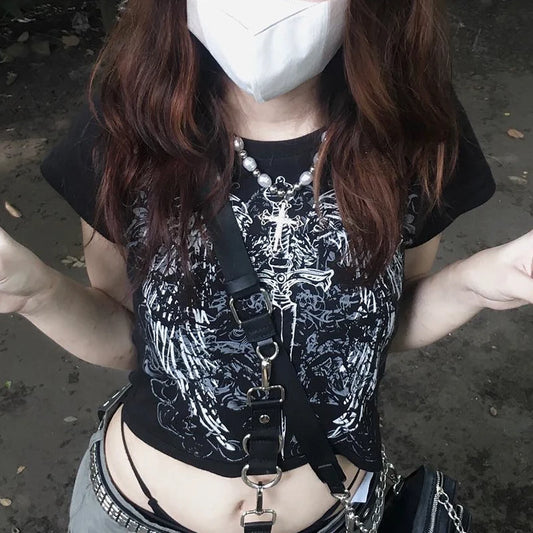 90s Harajuku Printed T-shirt Short Sleeved Tight Top ’s Y2k Street Wear Exposed Navel Top