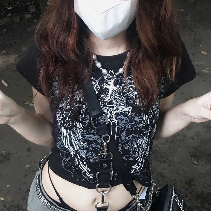 90s Harajuku Printed T-shirt Short Sleeved Tight Top ’s Y2k Street Wear Exposed Navel Top