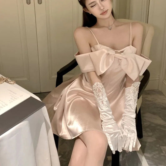 Evening Party Dresses Bow Design Spaghetti Strap Aline Birthday Mini Dress Korean One Piece Vestidos