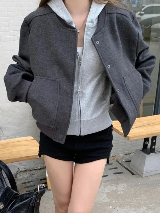 Baseball Woolen Coat Cropped Bomber Jacket Oversized Loose Korean Uniform Winter Clothes