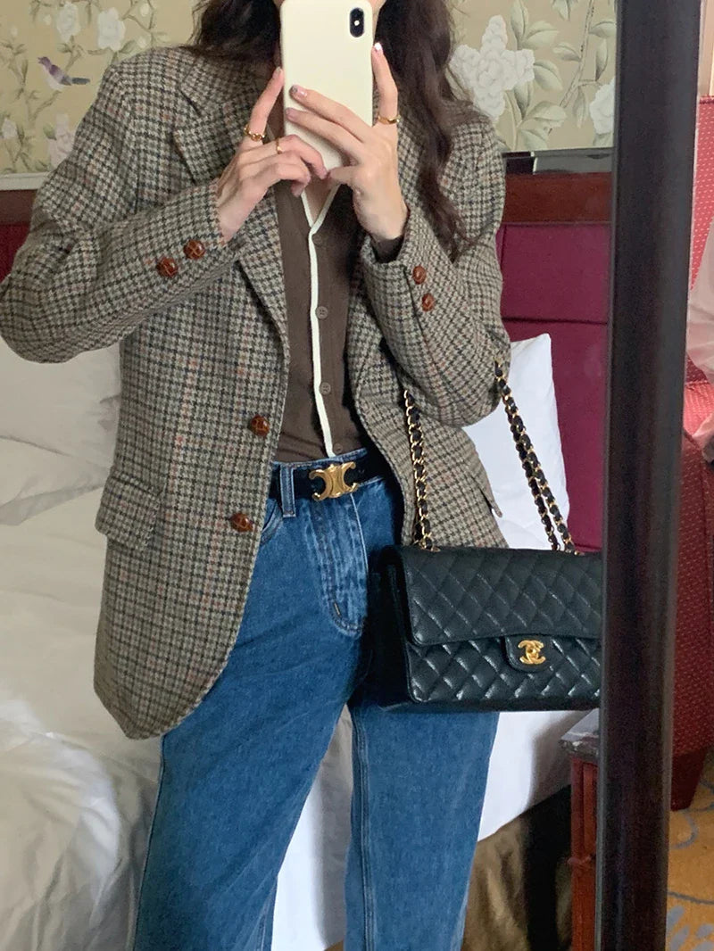 Wool Blends Coats Plaid Woolen Jacket Commute Blazer Korean Long Sleeve Outerwears Winter Overcoat