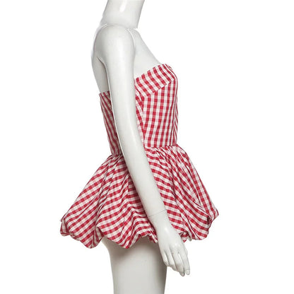 Spring Summer Plaid Tops for Strapless Off Shoulder Backless Ruched Red T-shirt Sleeveless Tees Top