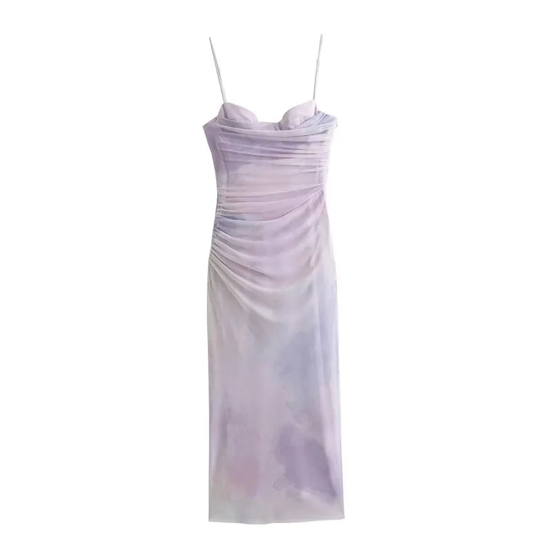 Summer Long Dresses Woman Purple Tulle Tie Dye Sleeveless Backless Ruched Female Slim Midi Party Dress