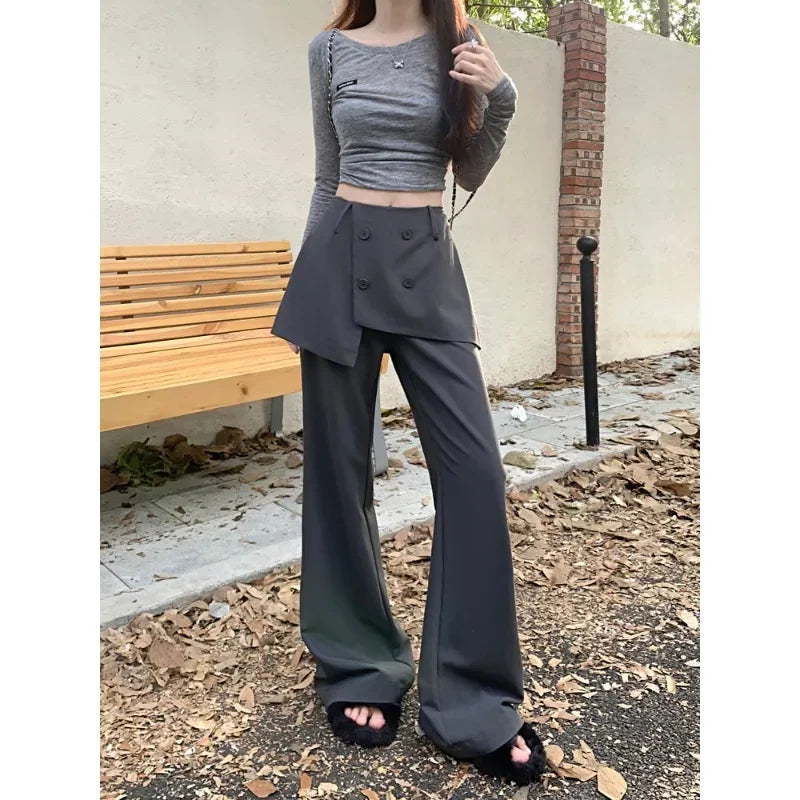Fake Twopiece Multibutton Color Wide Leg Pants Autumn New High Waist Skirt Stitching Loose Pants